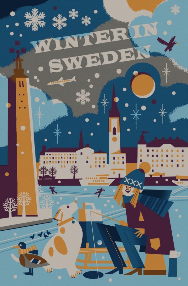 Vintage Sweden travel poster named “Winter in Sweden by Christina Hägerfors” in size A4.