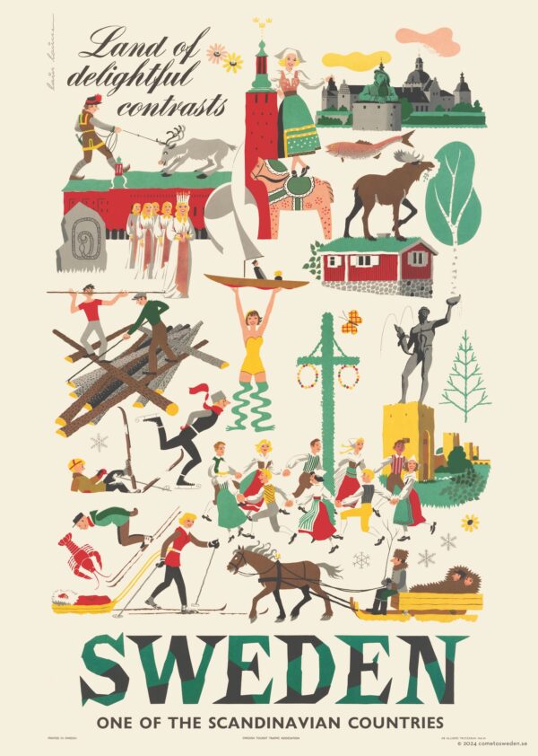 Vintage Sweden travel poster named “Sweden - one of the Scandinavian countries” in size A4.