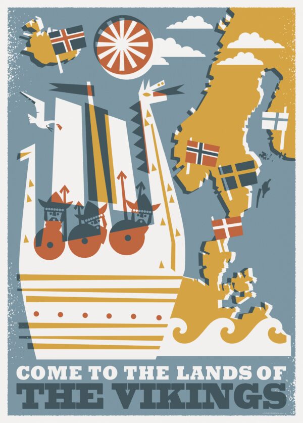 Sweden travel poster named “Lands of the Vikings by Christina Hägerfors” printed as a postcard