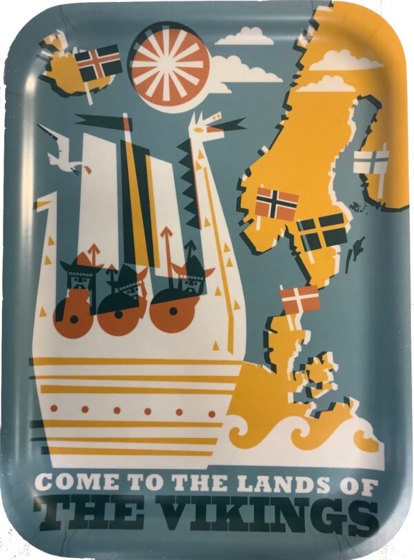 Sweden travel poster printed on wooden tray, named “Lands of the Vikings by Christina Hägerfors”