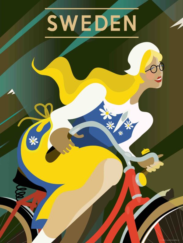 Vintage Sverige reseaffisch med tema “Bike by Jessica Arevärn”, i storlek 30x40 cm