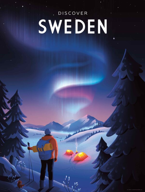 Vintage Sverige reseaffisch med tema “Discover Sweden by Anna Kuptsova”, i storlek 30x40 cm